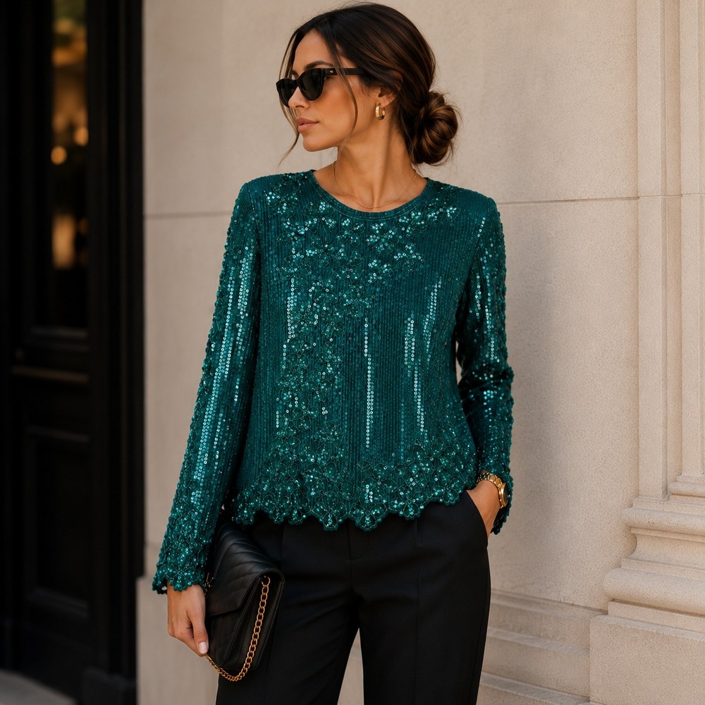 Vintage 1980s Scala Silk Sequin Top L Emerald Green Beaded Floral Shoulder Pad B
